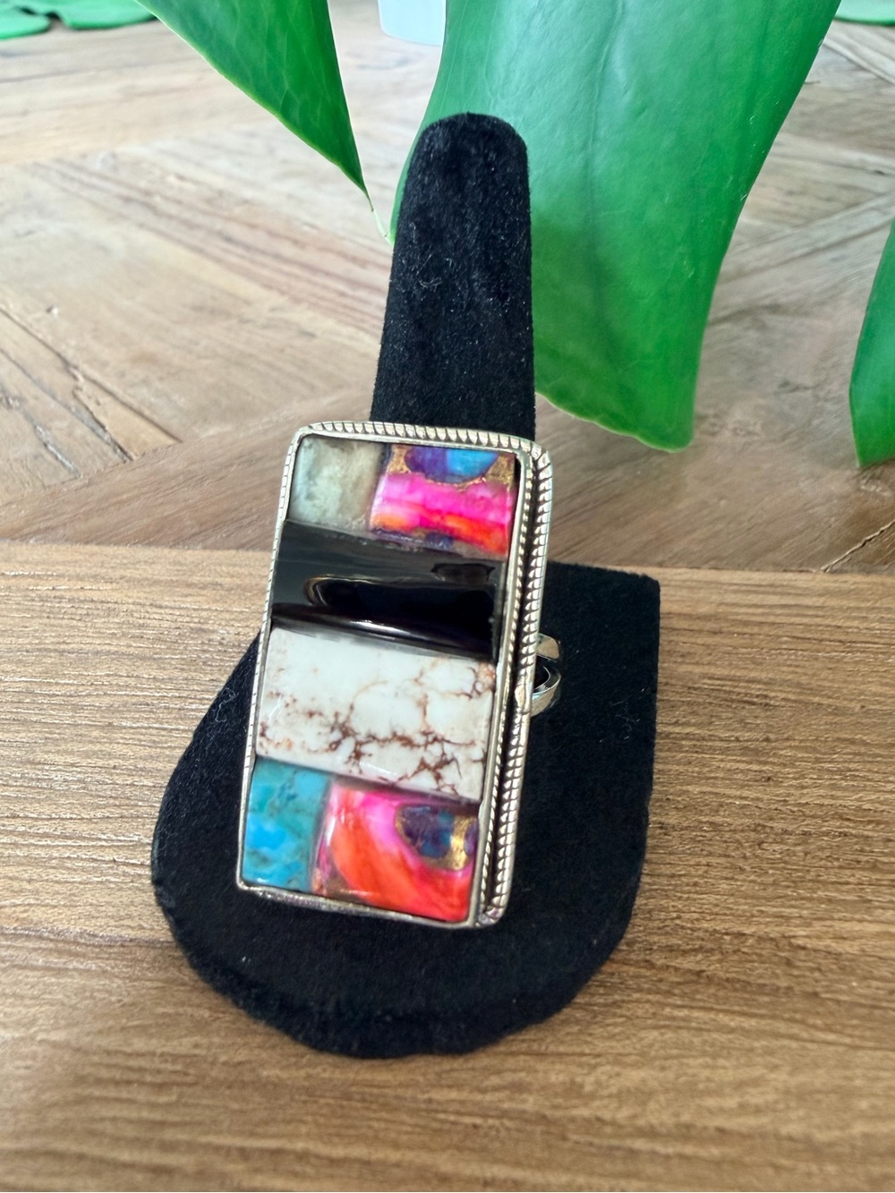Multi-Stone Inlay Sterling Silver Adjustable Statement Ring | 925 SS NEW